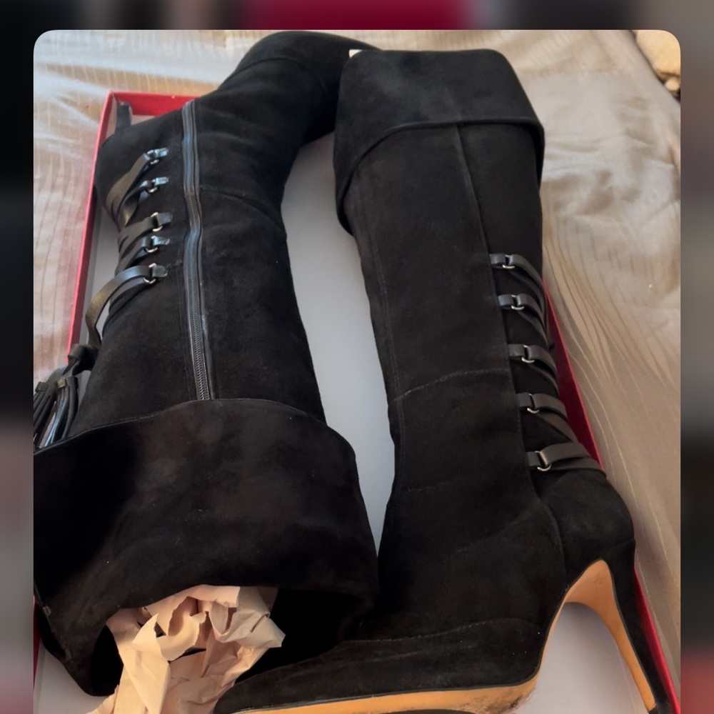 Knee high black suede boot convertible to over the knee look